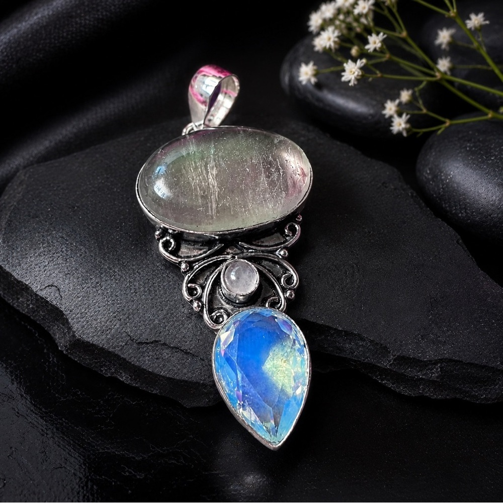 ✨ IRIDESCENT FLUORITE & LAB OPALITE STATEMENT PENDANT ✨ Artisan Hand Crafted